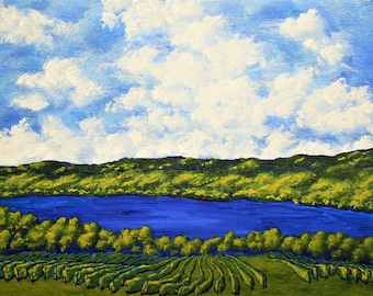 Lago Seneca (descarga digital original) por Mike Kraus - obra de arte Lagos Finger vino septentrional Nueva York lagar granja verano viñedo