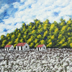 May include: A painting of three white houses with red roofs in a field of white flowers. The houses are in front of a line of green trees. The sky is blue with white clouds.