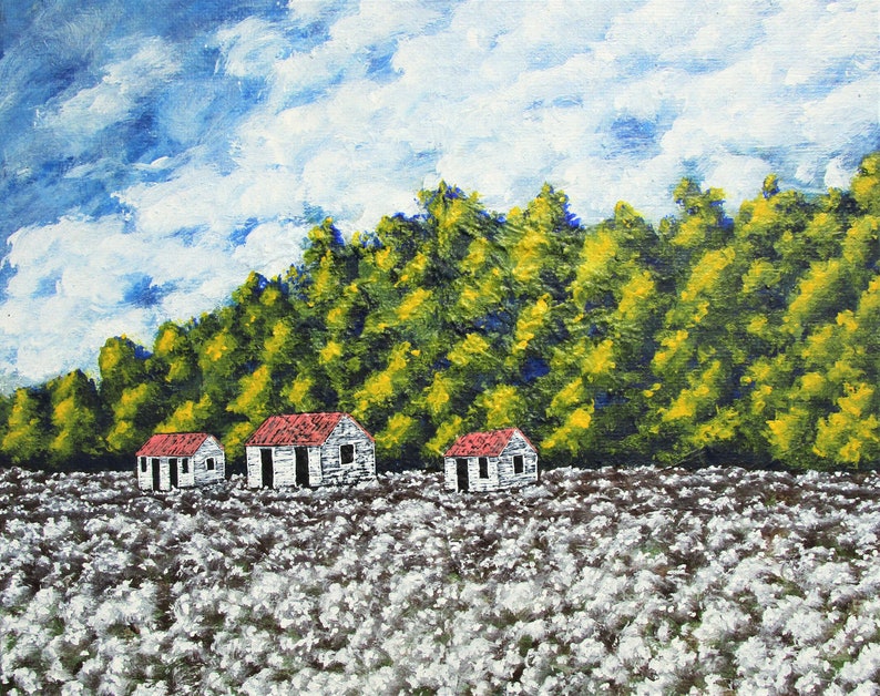May include: A painting of three white houses with red roofs in a field of white flowers. The houses are in front of a line of green trees. The sky is blue with white clouds.