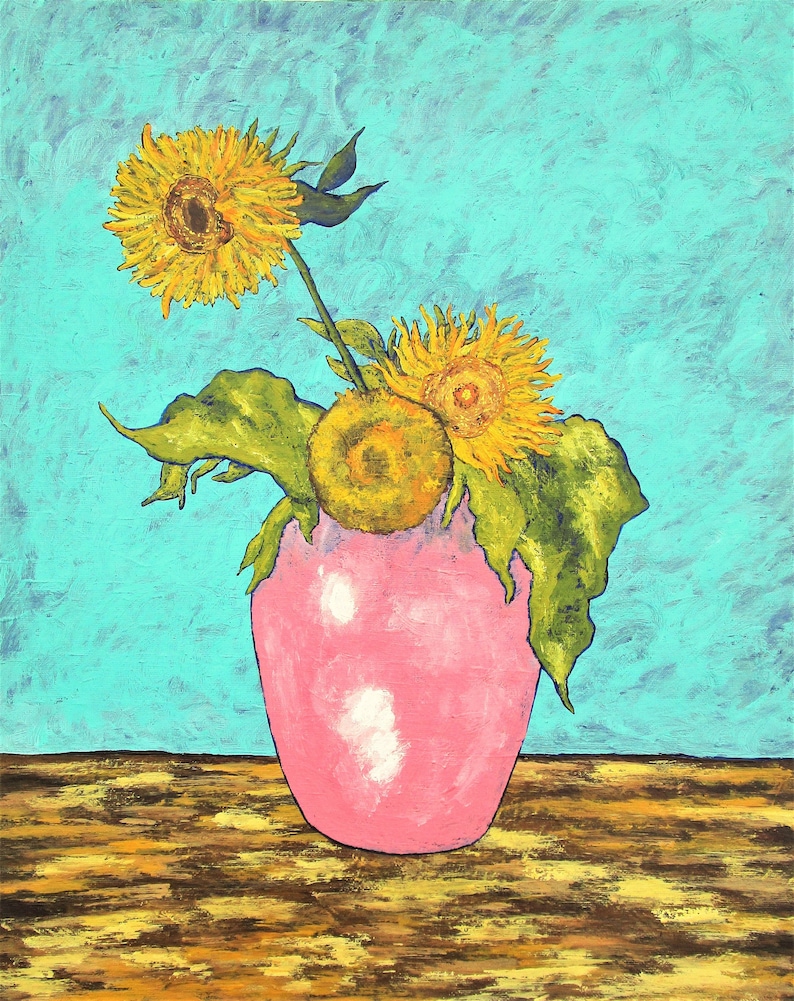 May include: A painting depicting three sunflowers arranged in a pink vase, resting on a wooden table. The sunflowers are yellow with brown centres and green leaves. The background is a light blue colour.