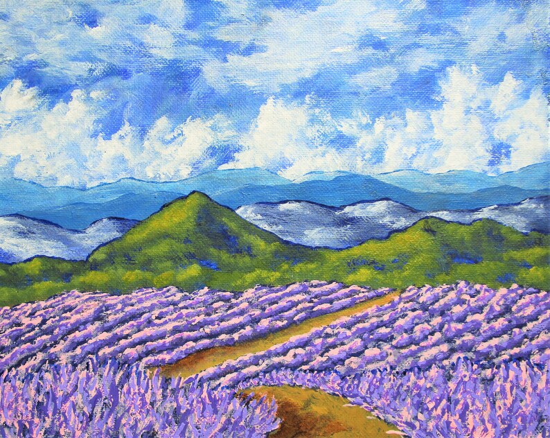 lavande en Provence peinture acrylique originale 20,3 cm x 25,4 cm par Mike Kraus-l'art fleurs France français l'été nuages ciel montagnes image 1