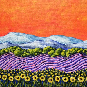 Sunflowers and Lavender In Provence France ORIGINAL ACRYLIC PAINTING 5 x 7 by Mike Kraus french art flowers europe clouds mountains image 1