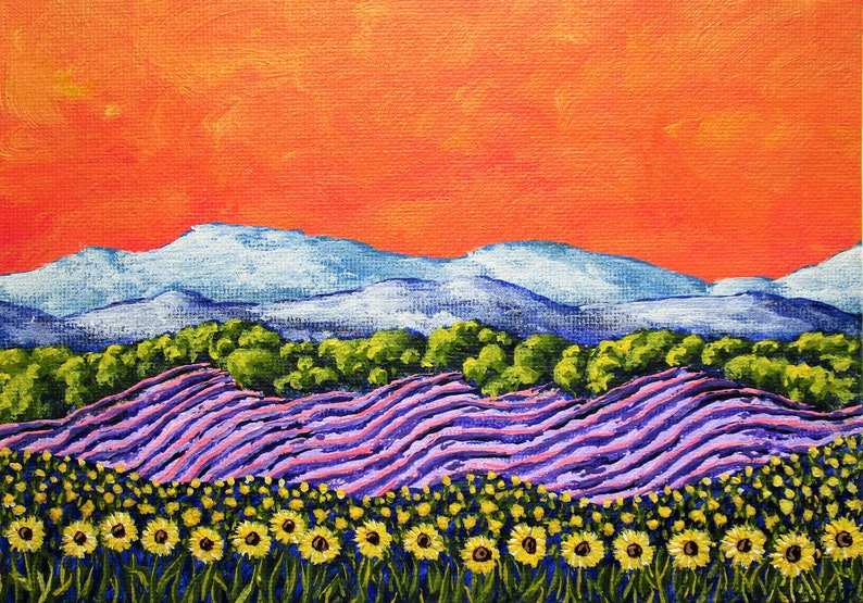 Sunflowers and Lavender In Provence France ORIGINAL ACRYLIC PAINTING 5 x 7 by Mike Kraus french art flowers europe clouds mountains image 1