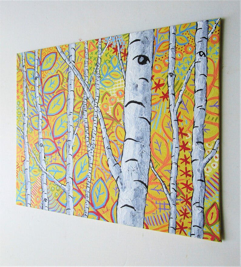 Sunset Sherbert Birch Forest ORIGINAL ACRYLIC PAINTING 8 x 10 by Mike Kraus art aspen great gifts trees forest woods nature yellow fun image 3