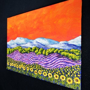 Sunflowers and Lavender In Provence France ORIGINAL ACRYLIC PAINTING 5 x 7 by Mike Kraus french art flowers europe clouds mountains image 4
