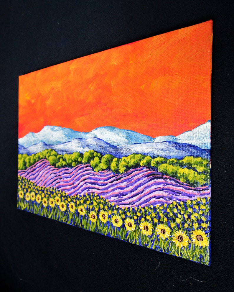 Sunflowers and Lavender In Provence France ORIGINAL ACRYLIC PAINTING 5 x 7 by Mike Kraus french art flowers europe clouds mountains image 4