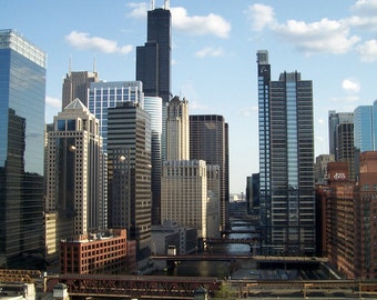 Chicago Skyline (PHOTO DIGITAL DOWNLOAD) by Mike Kraus - architecture river modern contemporary loop downtown city buildings bridges summer