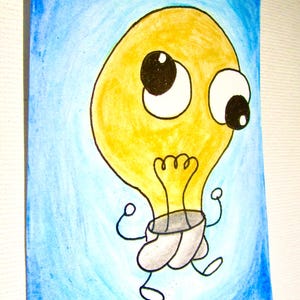 May include: A cartoon illustration of a lightbulb character with large eyes and a smiling expression. The lightbulb is yellow with black outlines, set against a blue background. The artwork is on a rectangular piece of paper.