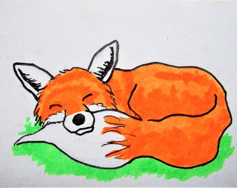 Sleeping Fox #361 (ARTIST TRADING CARDS) 2.5" x 3.5" by Mike Kraus - aceo hands animals wildlife mother's day gifts presents cute collecting