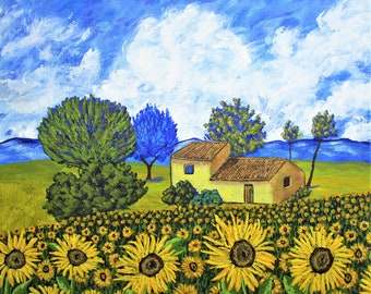 Sunflowers In Provence France (ORIGINAL ACRYLIC PAINTING) 8" x 10" by Mike Kraus - landscape french art farm barn field clouds nature fun