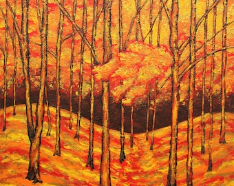 Twilight Woods (PAINTING) 8"x10" Mike Kraus - art forest trees nature orange gold love hiking