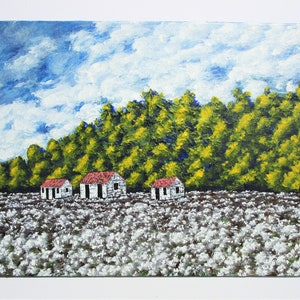 May include: A painting of three white houses with red roofs in a field of white cotton. The houses are set against a backdrop of green trees and a blue sky with white clouds.
