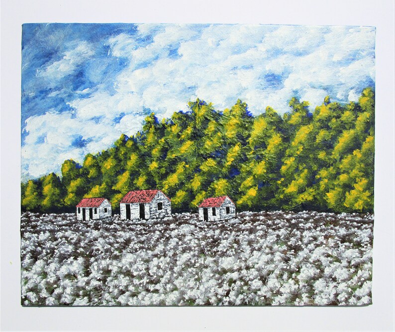 May include: A painting of three white houses with red roofs in a field of white cotton. The houses are set against a backdrop of green trees and a blue sky with white clouds.