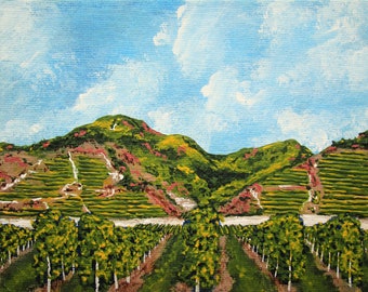 Vineyards of the Danube (ORIGINAL ACRYLIC PAINTING) 5" x 7" by Mike Kraus - art Wachau Valley austria winery connoisseurs epicureans unesco