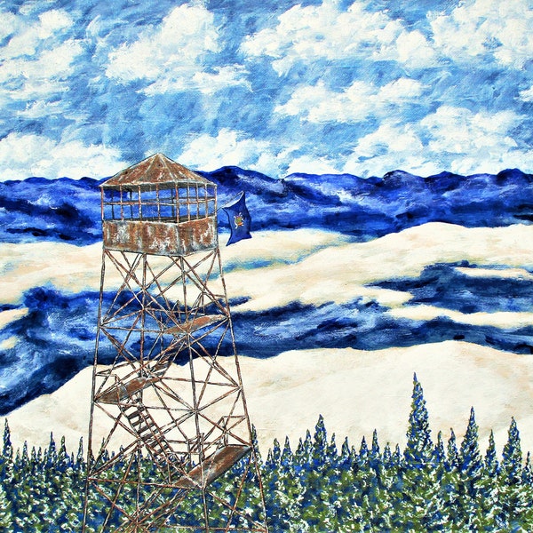Blue Mountains of the Adirondacks (ORIGINAL ACRYLIC PAINTING) 8" x 10" by Mike Kraus - art firetower lookout ny new york upstate snow winter