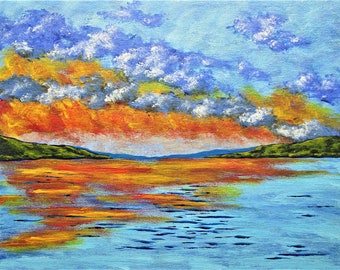 lago seneca (descarga digital original) por Mike Kraus - obra de arte Lagos Finger Nueva York verano viñedo puestas de sol playa lagar