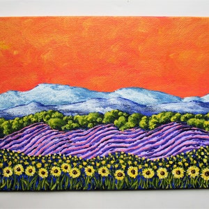 Sunflowers and Lavender In Provence France ORIGINAL ACRYLIC PAINTING 5 x 7 by Mike Kraus french art flowers europe clouds mountains image 9