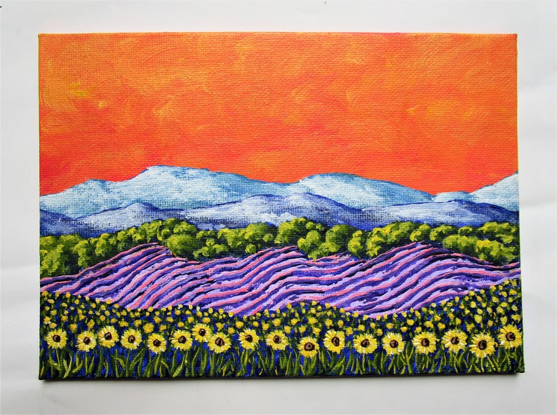 Sunflowers and Lavender In Provence France ORIGINAL ACRYLIC PAINTING 5 x 7 by Mike Kraus french art flowers europe clouds mountains image 9