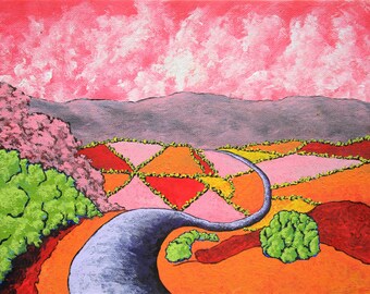 Returning to Civilization (ORIGINAL ACRYLIC PAINTING) 8" x 10" by Mike Kraus - art surreal abstract psychedelic landscape pink green white