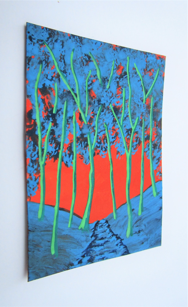 May include: A painting depicting a forest scene with tall, slender trees in shades of blue and green against a vibrant orange background. The trees are painted with a textured, brushstroke effect.