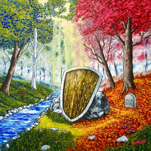 May include: A painting depicting a wooden shield resting against a rock in a forest divided by a stream. One side features green trees and grass, while the other shows red autumn foliage and a tombstone with the text 1929 2025. Light beams shine down.