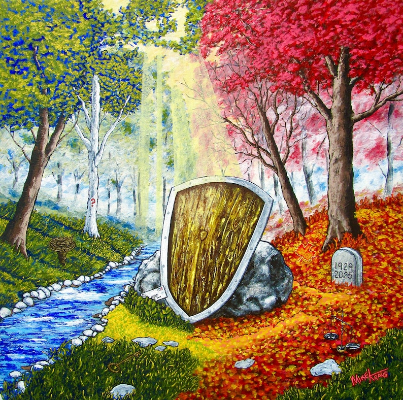 May include: A painting depicting a wooden shield resting against a rock in a forest divided by a stream. One side features green trees and grass, while the other shows red autumn foliage and a tombstone with the text 1929 2025. Light beams shine down.