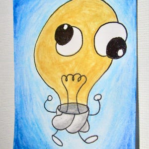 May include: A cartoon lightbulb character illustration. The lightbulb is yellow with large black eyes and a grey base. The background is a blue gradient. The artwork is on a rectangular piece of paper.