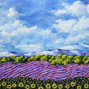 Sunflowers and Lavender In Provence France ORIGINAL ACRYLIC PAINTING 5 x 7 by Mike Kraus french art valentine's day wife girlfriends image 1
