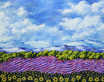 Sunflowers and Lavender In Provence France (ORIGINAL ACRYLIC PAINTING) 5" x 7" by Mike Kraus - french art valentine's day wife girlfriends