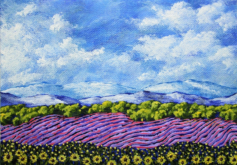 Sunflowers and Lavender In Provence France ORIGINAL ACRYLIC PAINTING 5 x 7 by Mike Kraus french art valentine's day wife girlfriends image 1