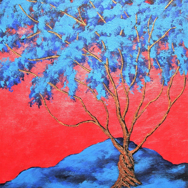 Twilight Woods (ORIGINAL ACRYLIC PAINTING) 8" x 10" by Mike Kraus - art gift present trees forests nature father's day red blue copper pearl