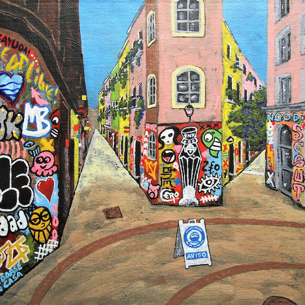 Barcelona Alley (ORIGINAL ACRYLIC PAINTING) 8" x 10" by Mike Kraus- art street graffiti catalonia spain european union mother's father's day
