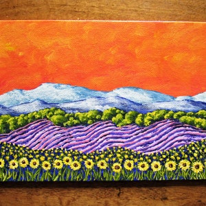 Sunflowers and Lavender In Provence France ORIGINAL ACRYLIC PAINTING 5 x 7 by Mike Kraus french art flowers europe clouds mountains image 6