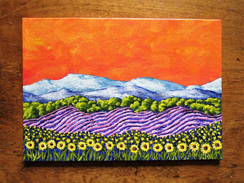Sunflowers and Lavender In Provence France ORIGINAL ACRYLIC PAINTING 5 x 7 by Mike Kraus french art flowers europe clouds mountains image 6