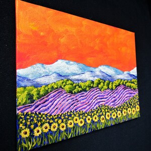 Sunflowers and Lavender In Provence France ORIGINAL ACRYLIC PAINTING 5 x 7 by Mike Kraus french art flowers europe clouds mountains image 8