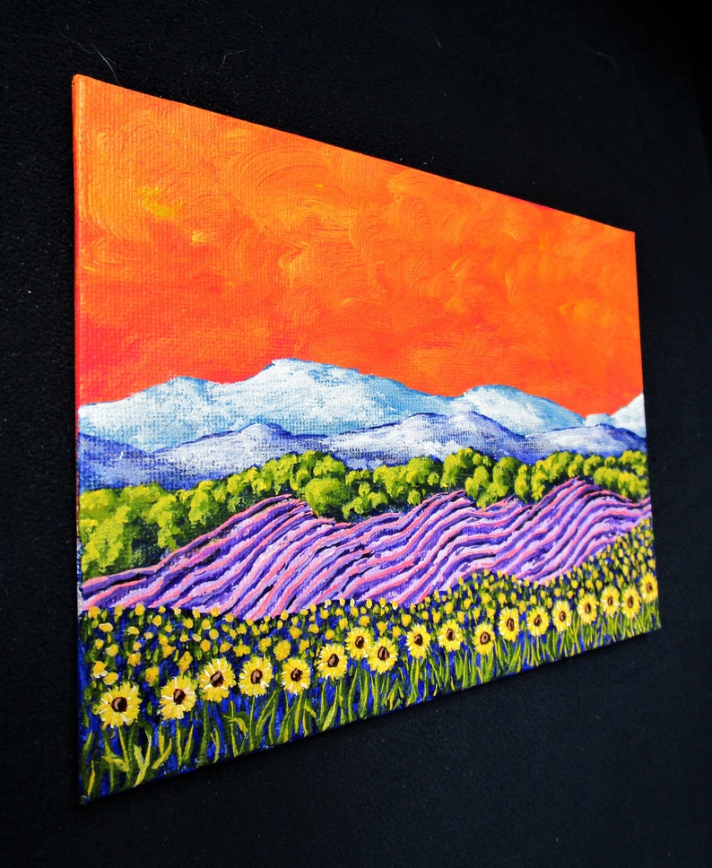 Sunflowers and Lavender In Provence France ORIGINAL ACRYLIC PAINTING 5 x 7 by Mike Kraus french art flowers europe clouds mountains image 8