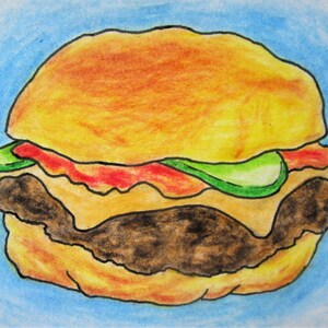 hambúrguer nº 507 (cartão do artista) 6,35 cm x 8,89 cm por Mike Kraus - aceo atc queijo Natal Hanukkah eid Ação de graças carne pão kwanzaa