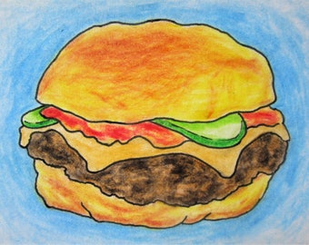 Hamburger (ARTIST TRADING CARDS) 2.5x3.5 Mike Kraus - aceo atc lunches dinners meals meat foodies
