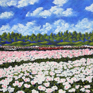 May include: A painting of a field of pink and white flowers under a blue sky with white clouds. The flowers are in rows and the sky is bright blue.