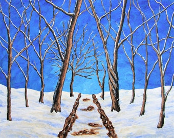 bois d'hiver (peinture acrylique originale) 20,3 cm x 25,4 cm par Mike Kraus - l'art Noël Hanoucca eid cadeau présent neiger arbre forêt