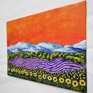 Sunflowers and Lavender In Provence France ORIGINAL ACRYLIC PAINTING 5 x 7 by Mike Kraus french art flowers europe clouds mountains image 7