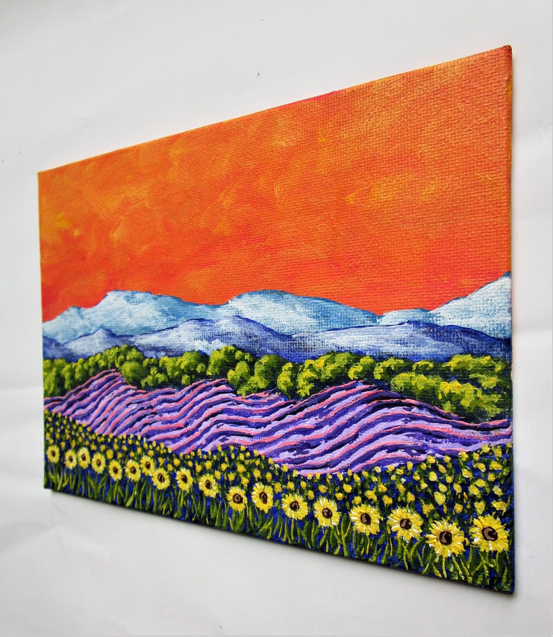 Sunflowers and Lavender In Provence France ORIGINAL ACRYLIC PAINTING 5 x 7 by Mike Kraus french art flowers europe clouds mountains image 7