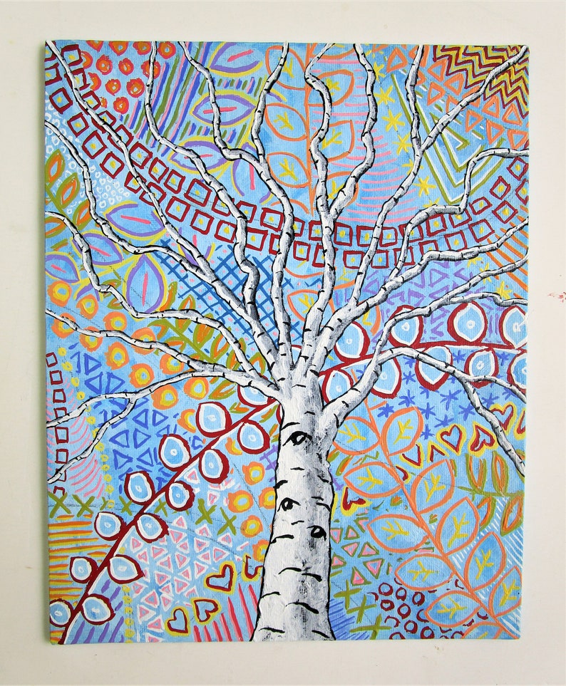 Sunset Sherbert Birch Tree ORIGINAL ACRYLIC PAINTING 8 x 10 by Mike Kraus art aspen trees forest woods nature abstract surreal fun eid image 4