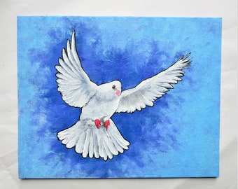 アクリル画 花と白い鳩のモチーフ 白い鳩のアート - 白い鳩の絵画 - 鳩 - 動物 - 鳥 - 野生動物