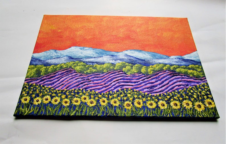 Sunflowers and Lavender In Provence France ORIGINAL ACRYLIC PAINTING 5 x 7 by Mike Kraus french art flowers europe clouds mountains image 3
