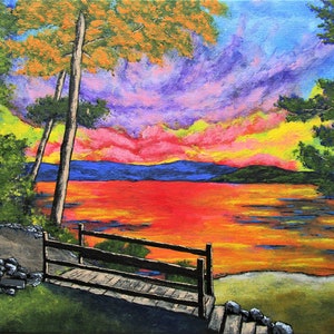 May include: An acrylic painting of a vibrant sunset over a lake, featuring a wooden footbridge in the foreground, rocky terrain, and lush green trees. The sky is filled with intense shades of purple, pink, and yellow, reflecting on the water.
