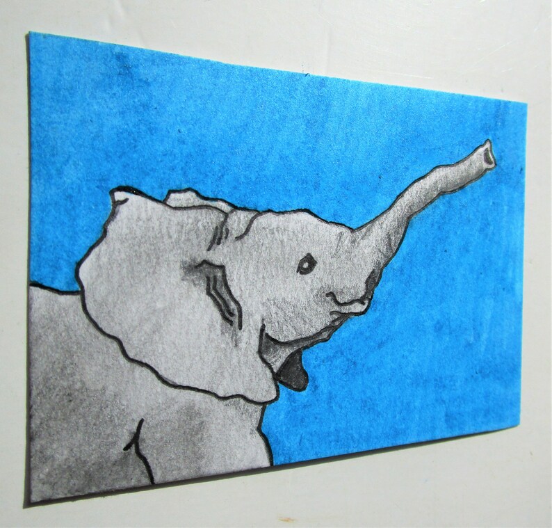 Blue Elephant 421 ARTIST TRADING CARDS 2.5 x 3.5 by Mike Kraus art aceo animals wildlife endangered conservation mother's day easter image 3
