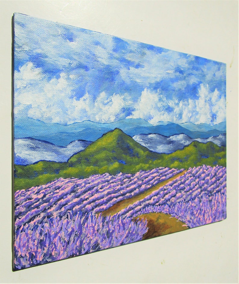 lavande en Provence peinture acrylique originale 20,3 cm x 25,4 cm par Mike Kraus-l'art fleurs France français l'été nuages ciel montagnes image 3