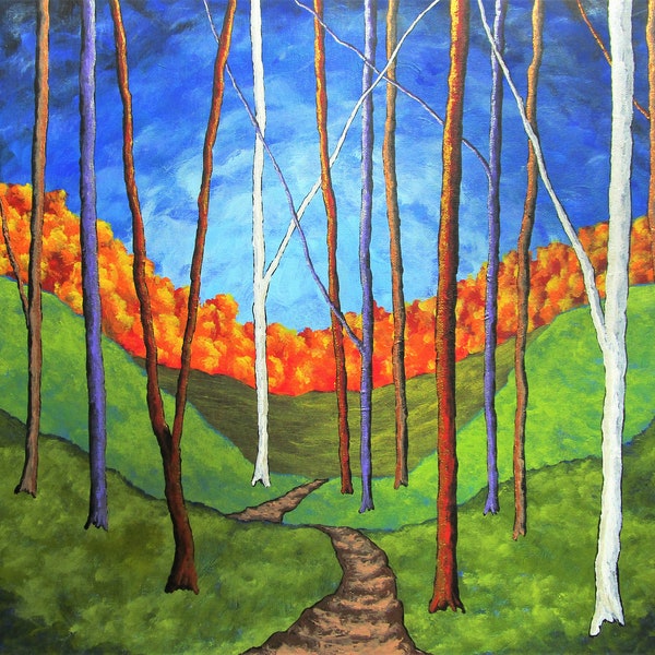 Twilight Woods (ORIGINAL ACRYLIC PAINTING) 16" x 20" by Mike Kraus - art trees forest woods nature hikes hiking green father's day gifts