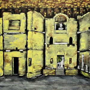 Puede incluir: Una pintura de un edificio amarillo con un gran arco y columnas. El edificio está en ruinas, con algunas de las paredes desaparecidas. La pintura está hecha en un estilo realista, con un enfoque en los detalles del edificio.